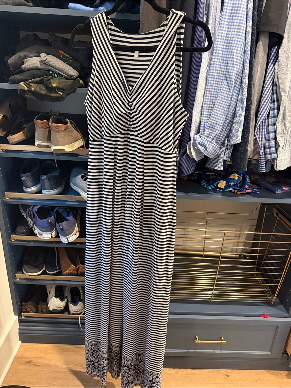 Talbots Black and White Striped Maxi Dress with Patterned Hem Trim